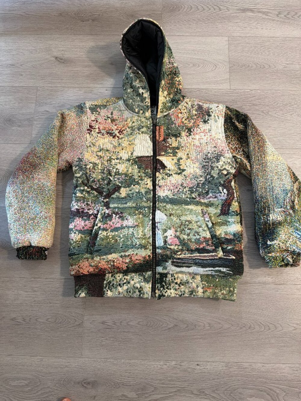 Reworked Tapestry Landscape Art Blanket Zip Hoodie Jacket Mens Large